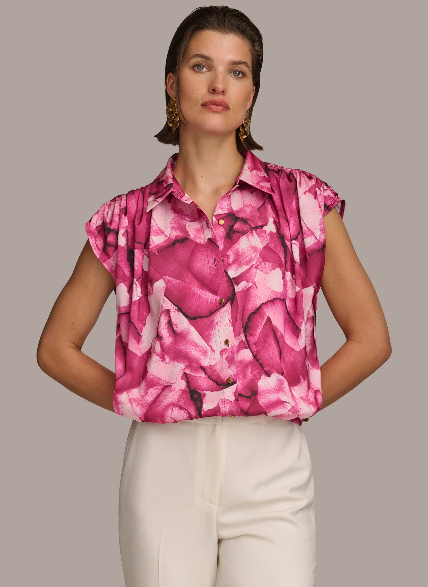 (image for) HIGH QUALITY PRINT CINCHED SHOULDER BLOUSE